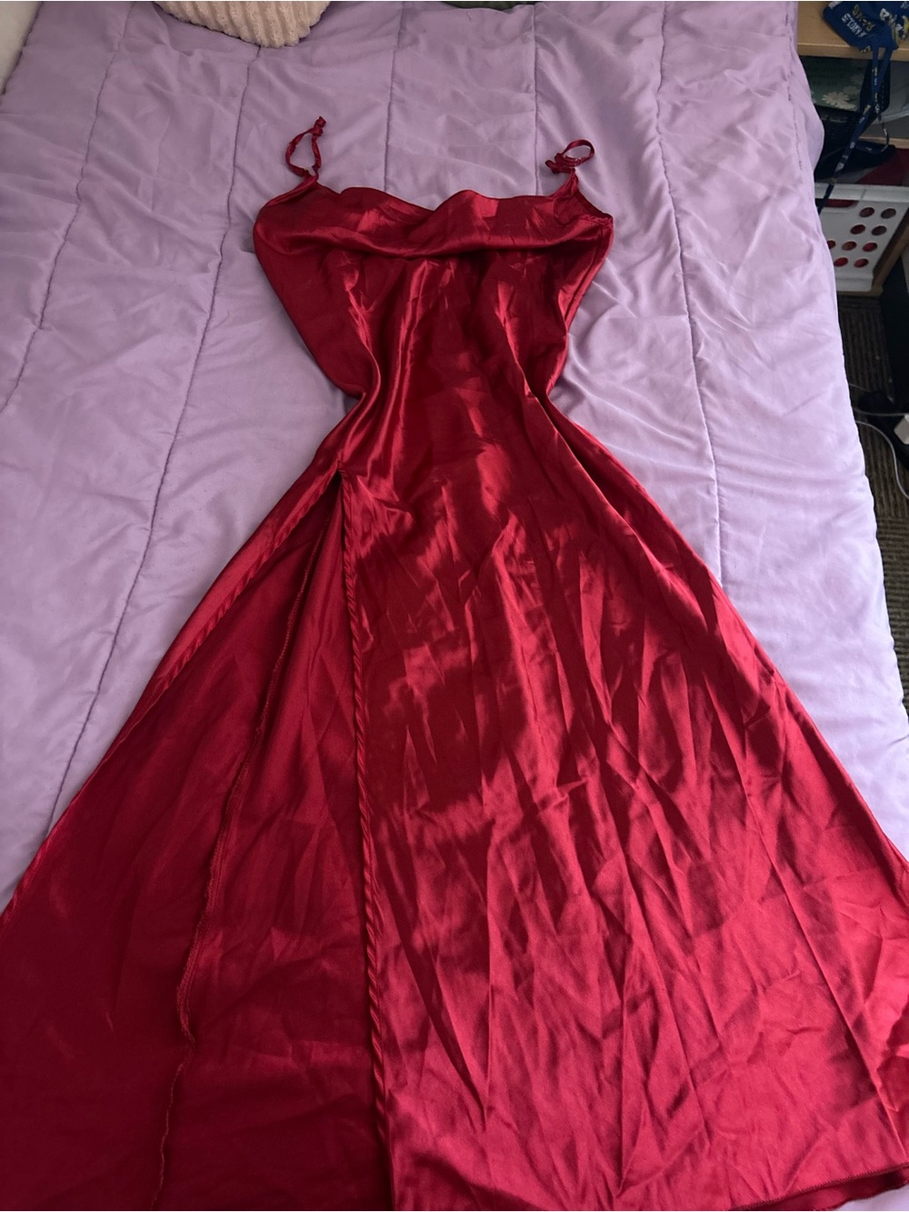 Amazon Red Satin Maxi Slip Dress with Spaghetti Straps